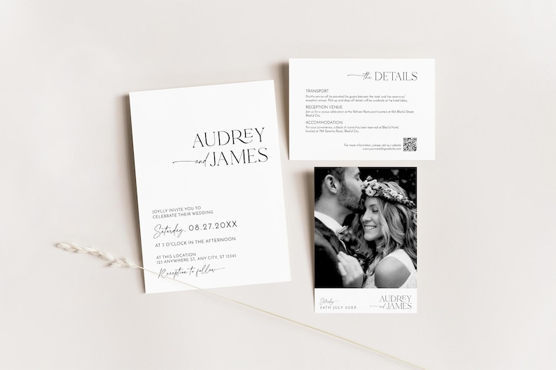 May include: A set of elegant wedding stationery featuring a main invitation card with the names "Audrey and James", a details card, and a photo card. The invitation includes the wedding date and time.
