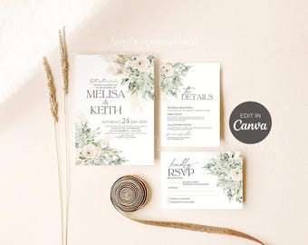 Sage Green Wedding Invitation Suite: Boho Greenery, Editable Canva Template (Digital Download)