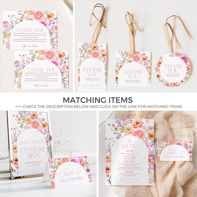 Complete Bridal Shower Brunch Template Bundle with Colorful Flowers – Printable Invitation, Menu, Place Cards, Signs, and More