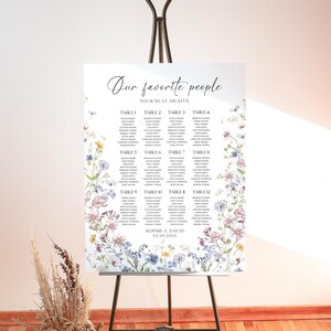 May include: A white wedding seating chart with a floral design featuring blue, pink, and yellow flowers. The chart lists the names of guests assigned to each table, with the title "Our favorite people" and the subtitle "Your seat awaits".