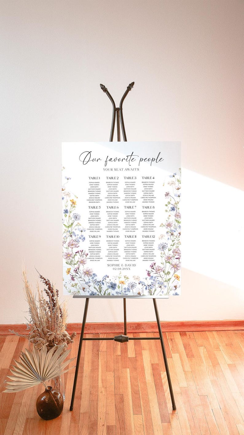 May include: A white wedding seating chart with a floral design featuring blue, pink, and yellow flowers. The chart lists the names of guests assigned to each table, with the title "Our favorite people" and the subtitle "Your seat awaits".