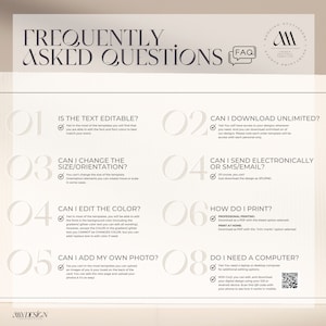 May include: A frequently asked questions infographic for wedding stationery templates. The infographic is divided into eight sections, each with a question and answer. The questions are: Is the text editable? Can I download unlimited? Can I change the size/orientation? Can I edit the colour? Can I add my own photo? How do I print? Do I need a computer? The answers are all yes, with additional details provided for each question.