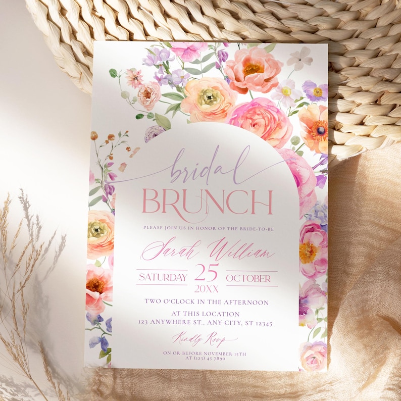 Bright Floral Bridal Shower Brunch Invitation Template with Colorful Vivid Flowers – Editable Bridal Brunch Invite Design