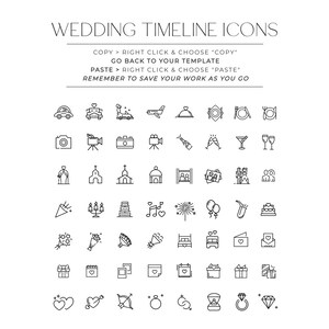 May include: A set of 48 black and white line icons depicting various wedding events and activities, such as a car, a church, a cake, a ring, and a heart. The icons are arranged in a grid pattern.