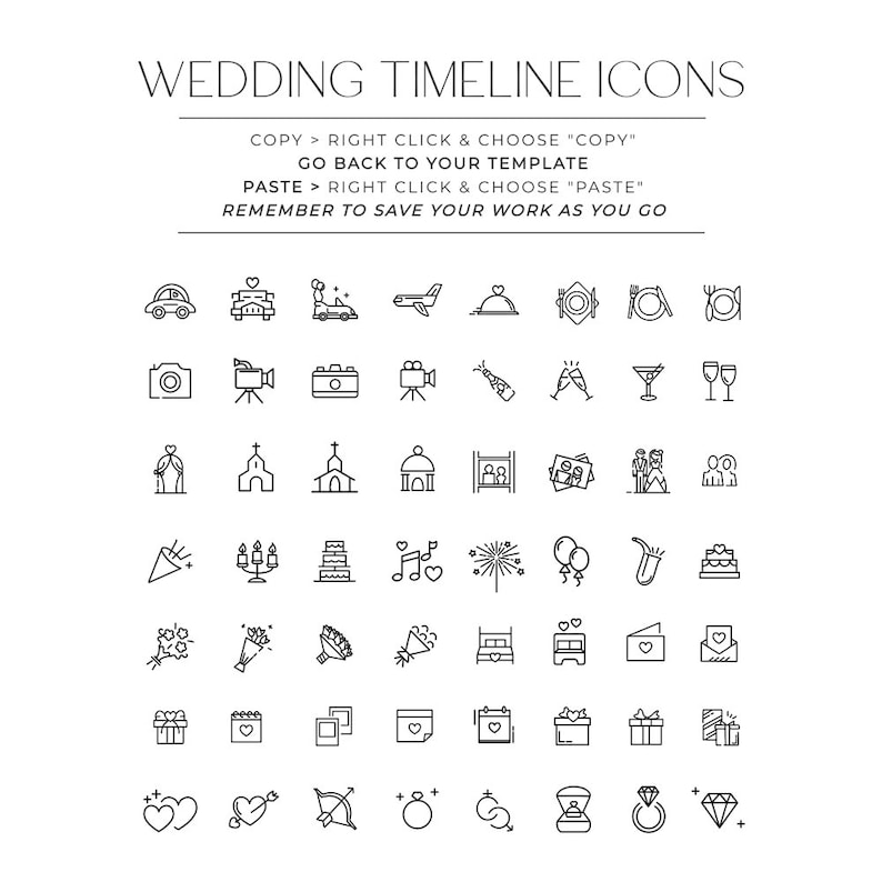 May include: A set of 48 black and white line icons depicting various wedding events and activities, such as a car, a church, a cake, a ring, and a heart. The icons are arranged in a grid pattern.