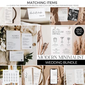 May include: A collection of modern minimalist wedding stationery, including invitations, menus, and signage. The designs feature elegant typography and a neutral color palette. The text includes "Audrey James", "Save the Date", and "Signature Drinks".