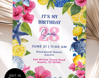 La Dolce Vita Italian Coast Lemon Birthday Invitation Canva Template, Pink Bougainvillea Sea Turtle Card, Amalfi Positano Tile Printable