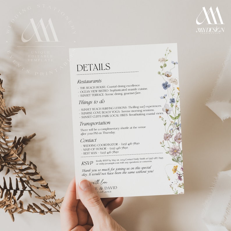 Wildflower Wedding Itinerary Template, Wedding Weekend Itinerary Template, Welcome Bag Template D002 image 3