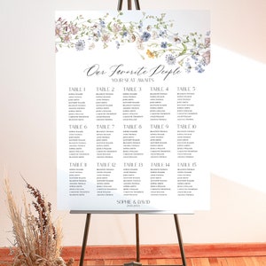 Op de afbeelding: Een bloemig zitplan voor een bruiloft met de titel "Our Favorite People" en de namen van de gasten die per tafelnummer zijn vermeld. Het zitplan is gedrukt op wit papier en heeft een aquarelbloemendesign.