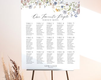 Puede incluir: Un plano de asientos de boda floral con el título "Our Favorite People" y los nombres de los invitados listados por número de mesa. El plano está impreso en papel blanco y presenta un diseño floral de acuarela.