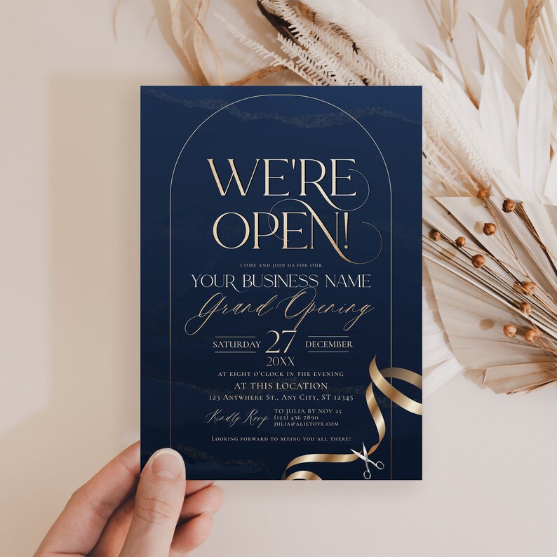 Stylish navy gold business grand opening flyer, ribbon cutting invite template for corporate occasions.