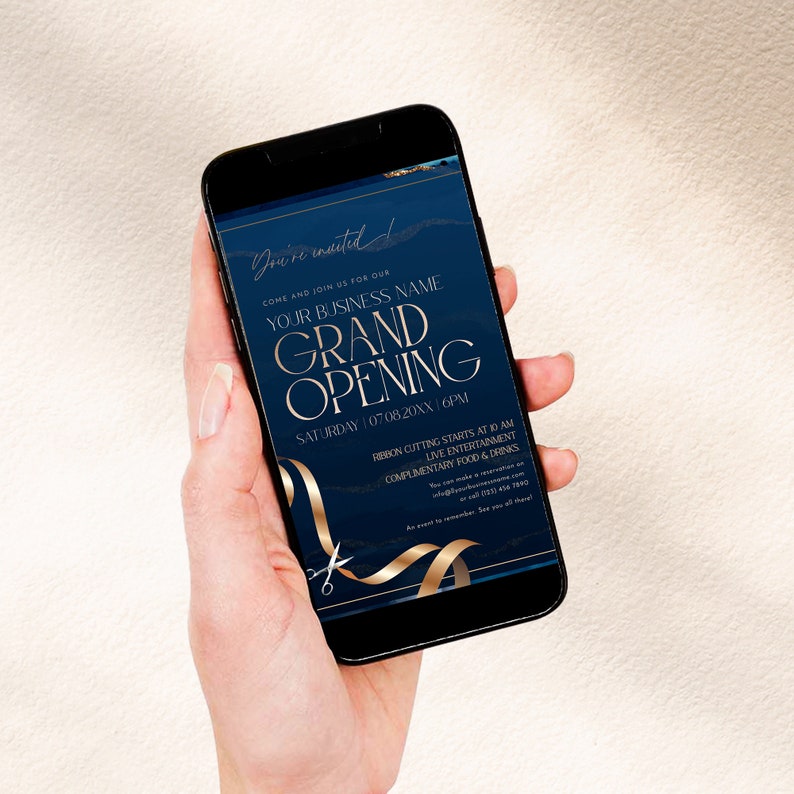 Sophisticated navy and gold launch party invitation template, ideal for business and corporate use.