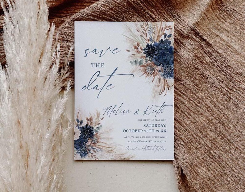 Navy Rust Wedding Save The Date Template with Photo, Boho Save The Date Cards Printable Download E017