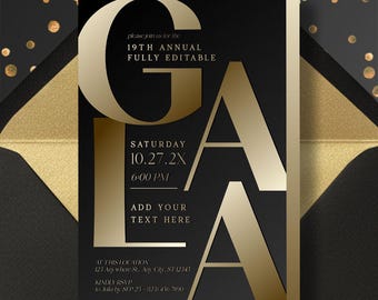 Plantilla editable de invitación de gala, invitación de gala en negro y dorado, invitación para eventos corporativos imprimible, folleto para cena benéfica formal.