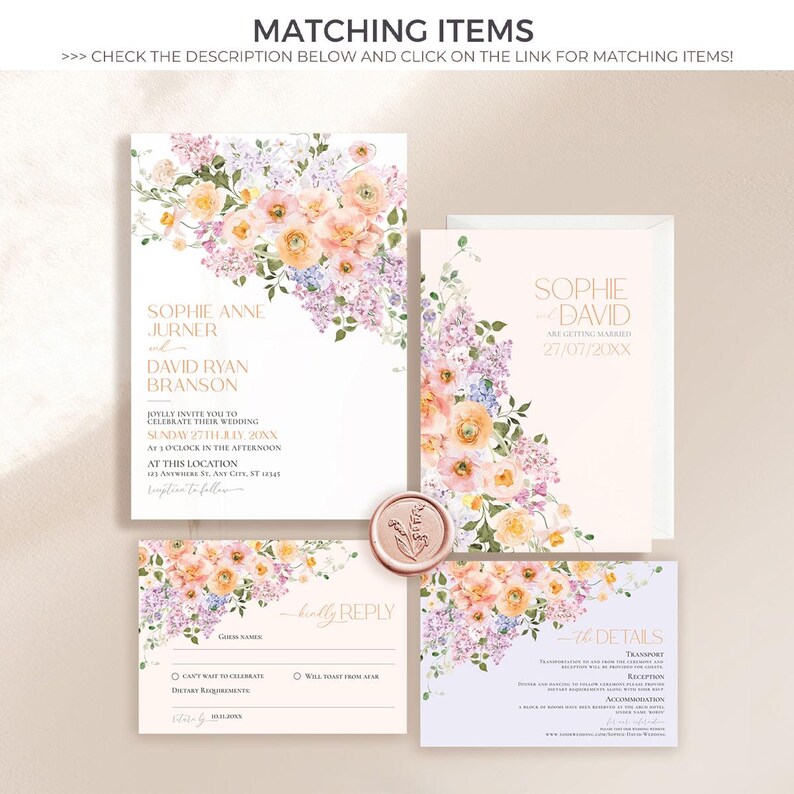 Spring Floral Wedding Sign Template Printable, Peach Purple Wedding Welcome Signs Template, Signage Large Sign Poster E023
