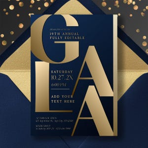 May include: Navy blue and gold invitation card with the word "GALA" in large gold letters. The card includes the text "19th Annual," "Saturday 10.27.2X," and "6:00 PM." The invitation is set inside a dark blue envelope.