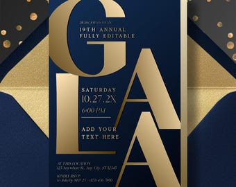 Elegant Gala Invitation Template Printable, Corporate Charity Event Invite, Navy Blue and Gold Formal Dinner, Luxury Fundraiser Digital