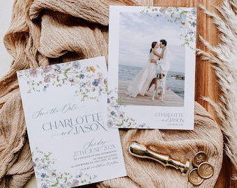 May include: Save the date card with a floral design and the text "Save the Date, Charlotte and Jason, Sunday, 27th June 202X, at o'clock in the afternoon, at this location, Anywhere St, Any City, ST 12345, formal invitation to follow."