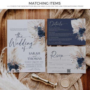 Navy Blue Wedding Welcome Sign Template, Boho Wedding Sign Template, Pampas Signage Printable E108