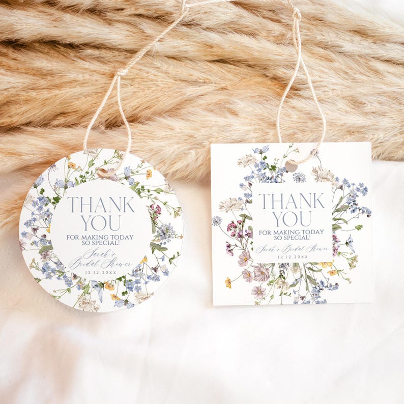 May include: Two round and square thank you tags with a floral design. The text on the tags reads "Thank You for making today so special!" with the date and event name below.