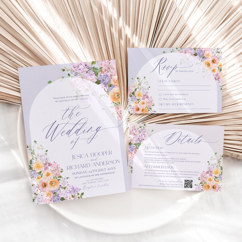 May include: Purple and white wedding invitation suite with floral designs. The invitation card features the text "the wedding of Jessica Hooper and Richard Anderson" with the date and time of the wedding. The RSVP card has a section for guest names, RSVP options, and dietary requirements. The details card includes information about the reception, location, and accommodation.