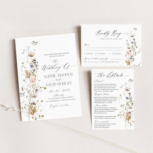 Op de afbeelding: Huwelijksuitnodigingsset met een bloemmotief met een aquarelillustratie van wilde bloemen in tinten blauw, roze en bruin. De tekst op de uitnodiging luidt "De bruiloft van Sophie Hooper en David Robert" met de datum "08/10/20XX". De RSVP-kaart bevat de tekst "Graag uiterlijk 20 augustus reageren".