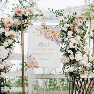 Spring Floral Wedding Sign Template Printable, Peach Purple Wedding Welcome Signs Template, Signage Large Sign Poster E023