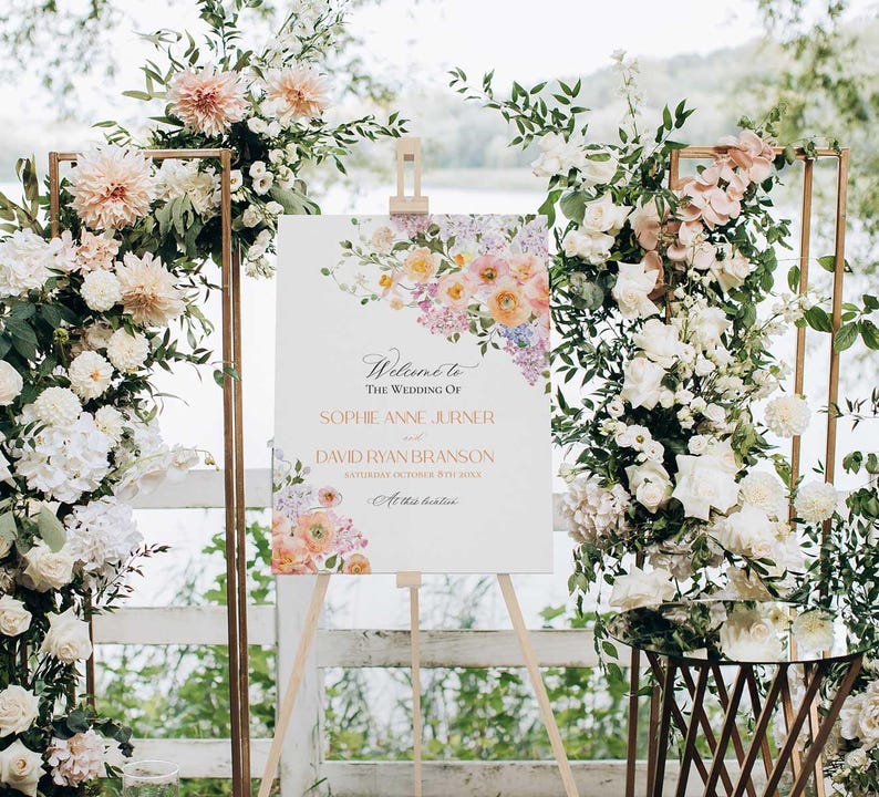 Spring Floral Wedding Sign Template Printable, Peach Purple Wedding Welcome Signs Template, Signage Large Sign Poster E023