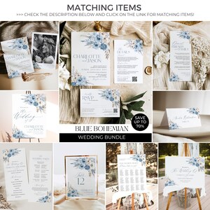 May include: Blue and white wedding invitation suite with floral designs. The suite includes a save the date card, invitation, RSVP card, details card, and a card for friends and family. The text on the invitation reads "Charlotte & Jason".