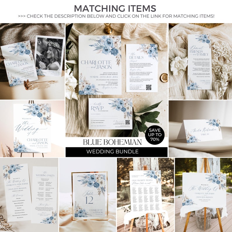 May include: Blue and white wedding invitation suite with floral designs. The suite includes a save the date card, invitation, RSVP card, details card, and a card for friends and family. The text on the invitation reads "Charlotte & Jason".