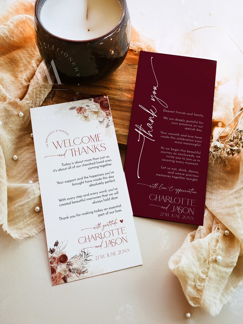 Boho Wedding Thank You Card Template: Rustic Burgundy