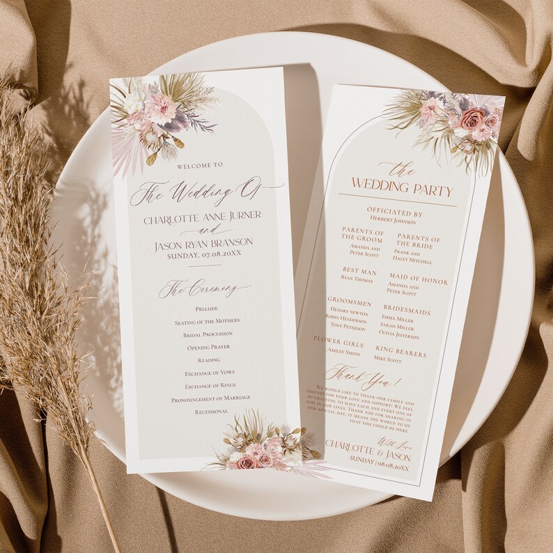 Pink Boho Wedding Program Template: Catholic Ceremony (Digital Download) D016