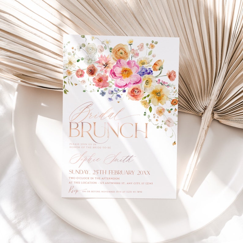 Floral Bridal Brunch Invitation: Colorful Wildflower Garden (Editable Template) A034 image 4