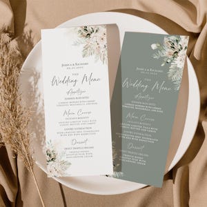 Groen menusjabloon, boho menu bruiloft afdrukbare sjabloon bewerkbare menukaart afdrukbare boho salie groen D024
