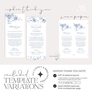 K&ouml;nnte beinhalten: Eine digital herunterladbare Vorlage f&uuml;r eine Dankeskarte zur Hochzeit. Die Vorlage zeigt ein blaues und wei&szlig;es Blumenmuster mit dem Text "Danke" und "Willkommen und Dank". Die Vorlage ist in zwei Gr&ouml;&szlig;en erh&auml;ltlich: 4x9 Zoll. Die Vorlage ist auch in einer Papier sparenden Option erh&auml;ltlich, mit der Sie mehrere Karten pro Seite drucken k&ouml;nnen.