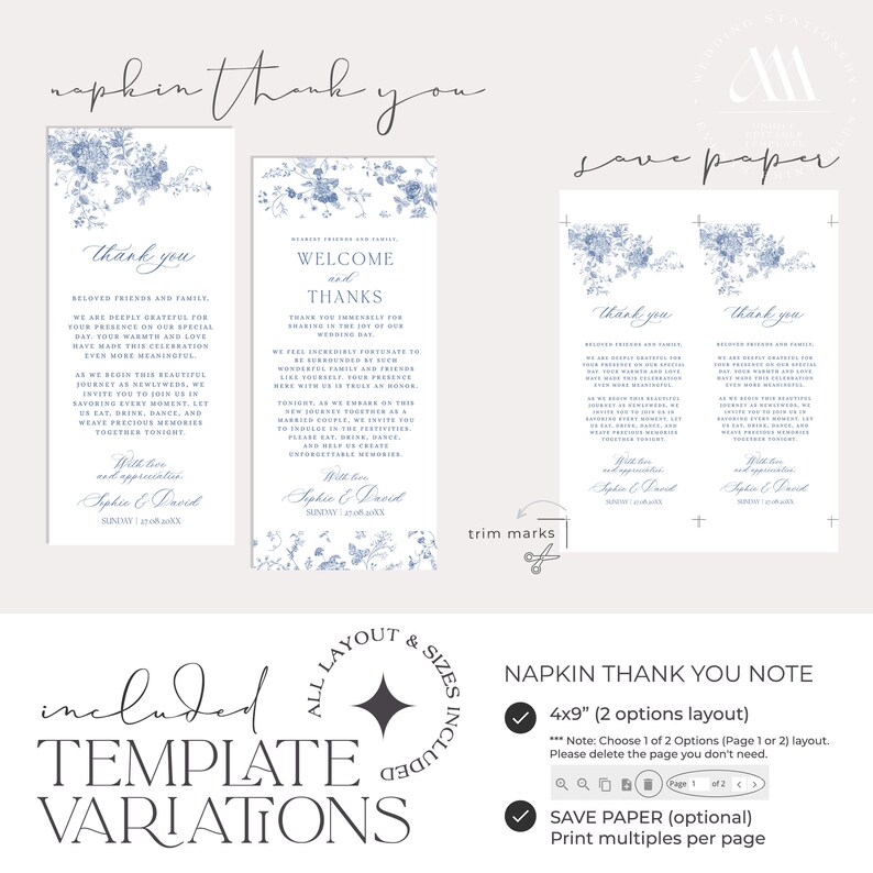 K&ouml;nnte beinhalten: Eine digital herunterladbare Vorlage f&uuml;r eine Dankeskarte zur Hochzeit. Die Vorlage zeigt ein blaues und wei&szlig;es Blumenmuster mit dem Text "Danke" und "Willkommen und Dank". Die Vorlage ist in zwei Gr&ouml;&szlig;en erh&auml;ltlich: 4x9 Zoll. Die Vorlage ist auch in einer Papier sparenden Option erh&auml;ltlich, mit der Sie mehrere Karten pro Seite drucken k&ouml;nnen.