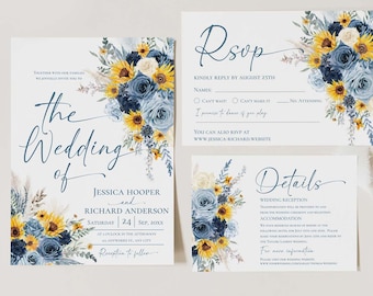 Navy Blue Sunflower Wedding Invitation Suite, Dusty Blue Rose Marriage Stationery, Country Barn Celebration Set, Sunflowers Yellow Summer