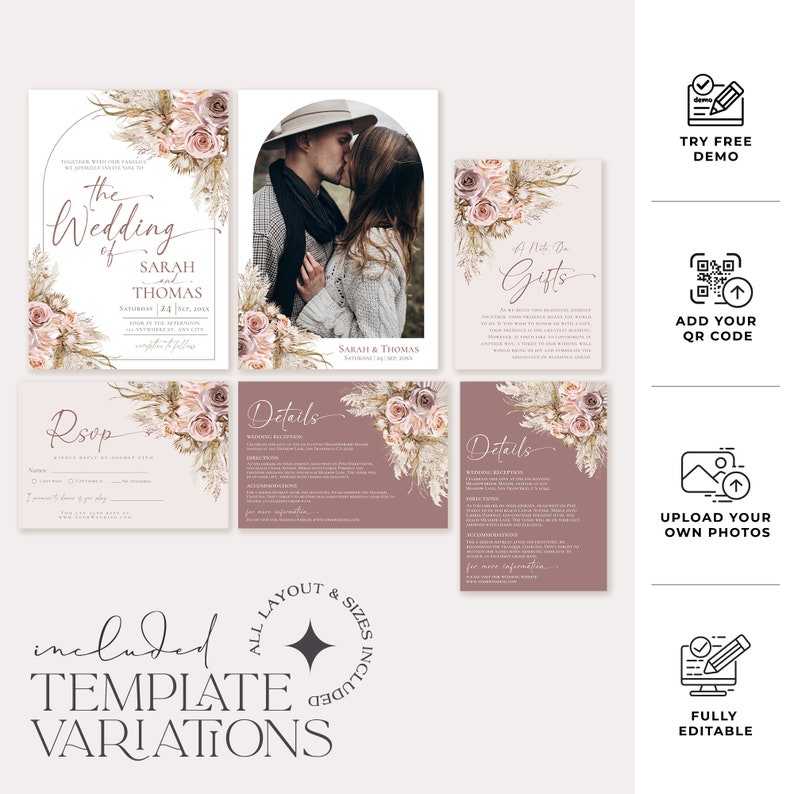 May include: A wedding stationery suite template set featuring floral arrangements of dried pampas grass and roses in muted pink and brown tones. Includes invitation, RSVP, details, and gift cards with elegant script typography and photo placeholders.