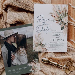 Greenery Wedding Save The Date Template with Photo, Sage Green Save The Date Card, Boho Wedding Printable E008
