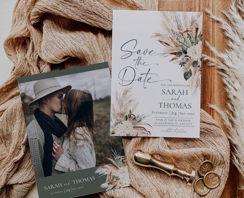 Greenery Wedding Save The Date Template with Photo, Sage Green Save The Date Card, Boho Wedding Printable E008