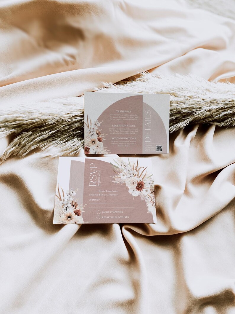 May include: A light brown RSVP card with a floral design and the text "RSVP by [date]" printed on it. The card has a section for names and a checkbox to indicate whether the guest will attend or decline.
