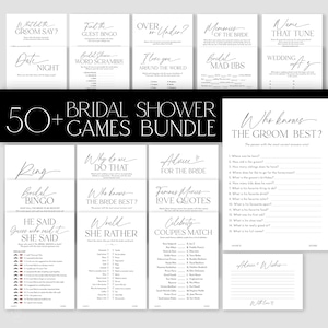 May include: A collection of 50+ bridal shower games printed on white cards. Games include "Who Knows the Groom Best?", "Bridal Bingo", and "Celebrity Couples Match". The text is in a black, elegant font.