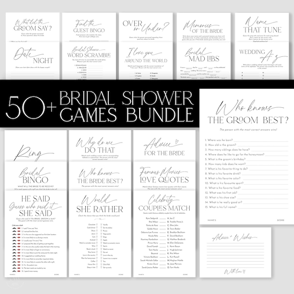50 Minimalist Bridal Shower Games Bundle: Editable Templates (PDF)