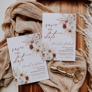 May include: Save the date cards with a floral design and the text "Save the Date" and "Hannah & Richard" are getting married on Saturday, October 25th 20XX at 5 o'clock in the afternoon. 125 Anywhere St, Any City.