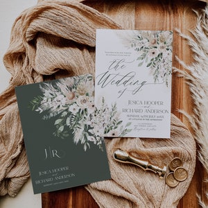 May include: Two wedding invitations with a dark green and white floral design. The text on the invitations reads "Together with our families, we joyfully invite you to the wedding of Jesica Hooper and Richard Anderson, Sunday, 24th July 20XX, at o'clock in the afternoon, Anywhere, Any Street, Any City, Reception to follow."