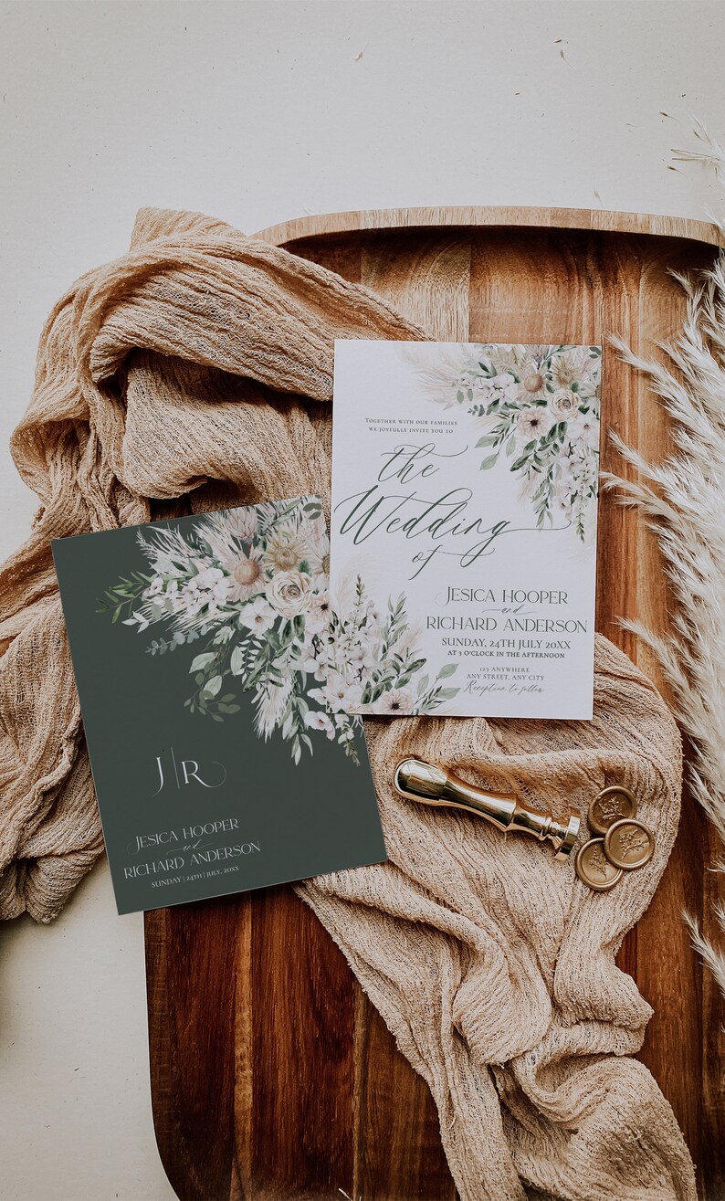 May include: Two wedding invitations with a dark green and white floral design. The text on the invitations reads "Together with our families, we joyfully invite you to the wedding of Jesica Hooper and Richard Anderson, Sunday, 24th July 20XX, at o'clock in the afternoon, Anywhere, Any Street, Any City, Reception to follow."