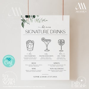 Signature Drink Sign Template, Signature Drinks, Eucalyptus Wedding Drink Sign, Modern Wedding Drink Menu Printable Template D001