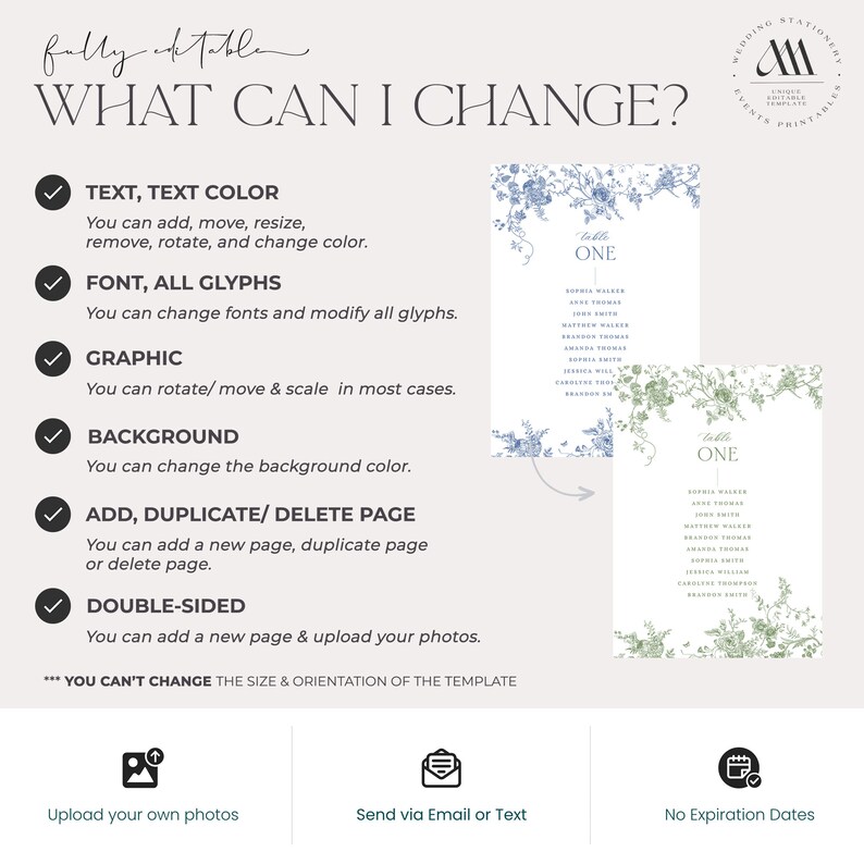 May include: A digital template for a wedding table number card with a floral design. The card is blue and green with the text "Table One" in a white box. The text "What Can I Change?" is at the top of the image, with a list of customizable features below.
