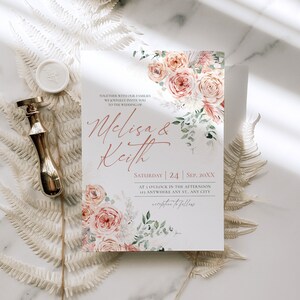 May include: A wedding invitation card featuring watercolor peach roses and green foliage. The text reads Melisa & Keith, Saturday 24 Sep, 20XX, at 3 o'clock in the afternoon, 123 Anywhere Any St., Any City, reception to follow.