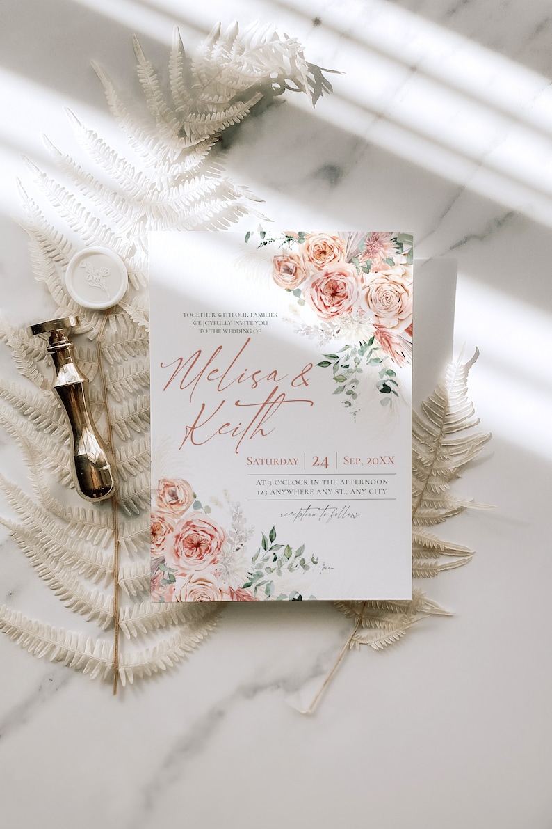 May include: A wedding invitation card featuring watercolor peach roses and green foliage. The text reads Melisa & Keith, Saturday 24 Sep, 20XX, at 3 o'clock in the afternoon, 123 Anywhere Any St., Any City, reception to follow.